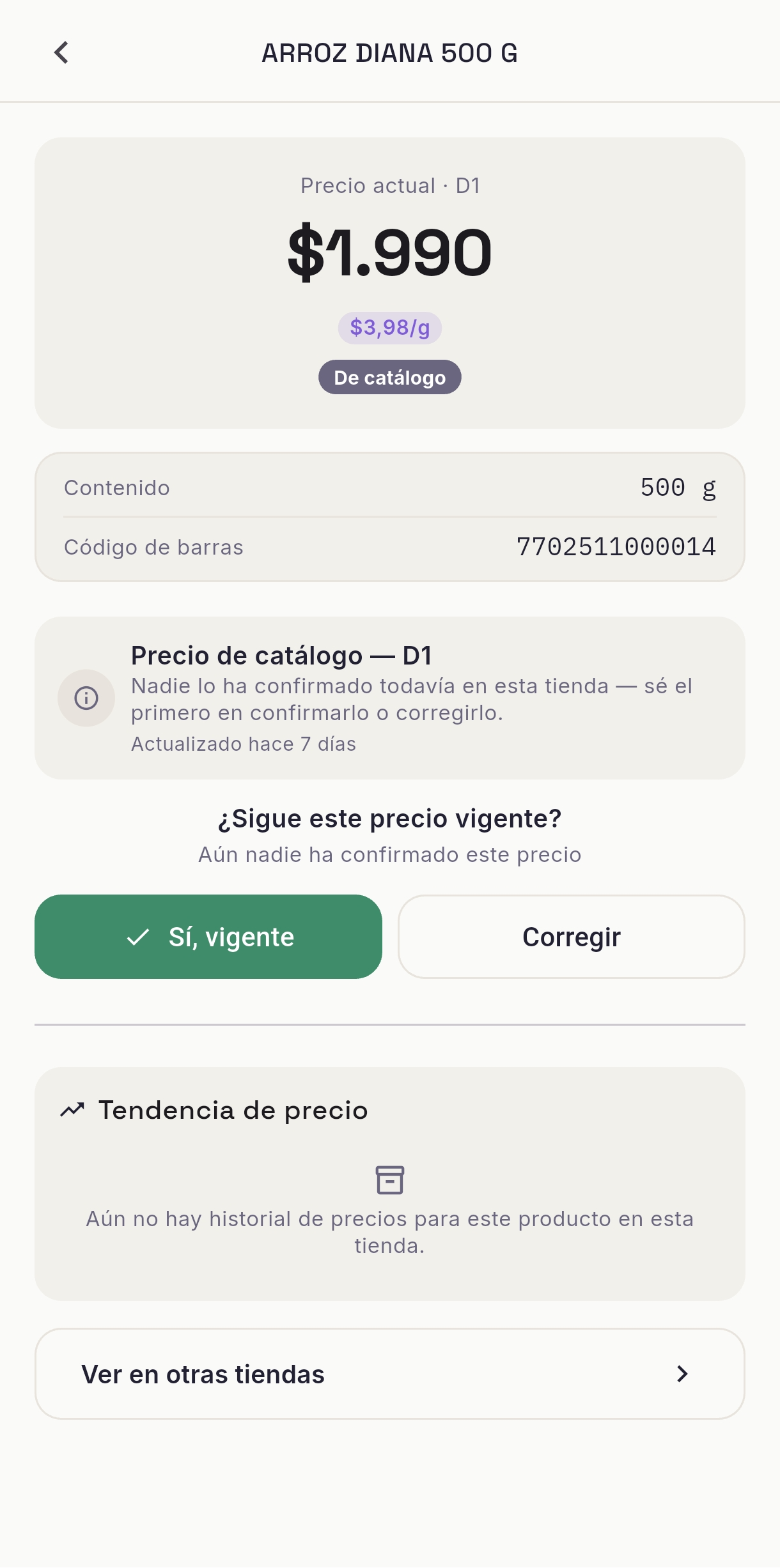 Detalle de producto con confirmación de precio