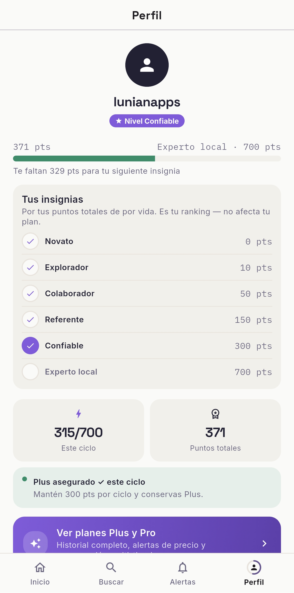 Perfil con insignias y puntos